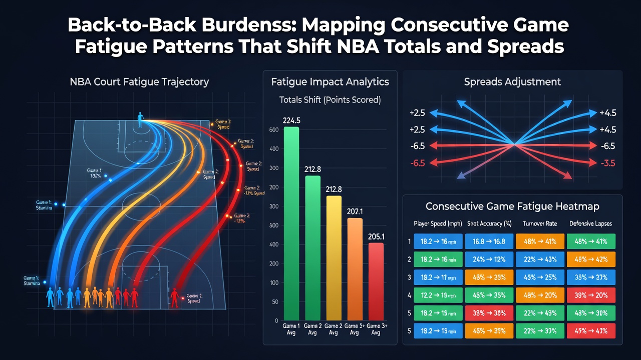 Statistical charts illustrating shifts in NBA spreads and totals due to consecutive game fatigue