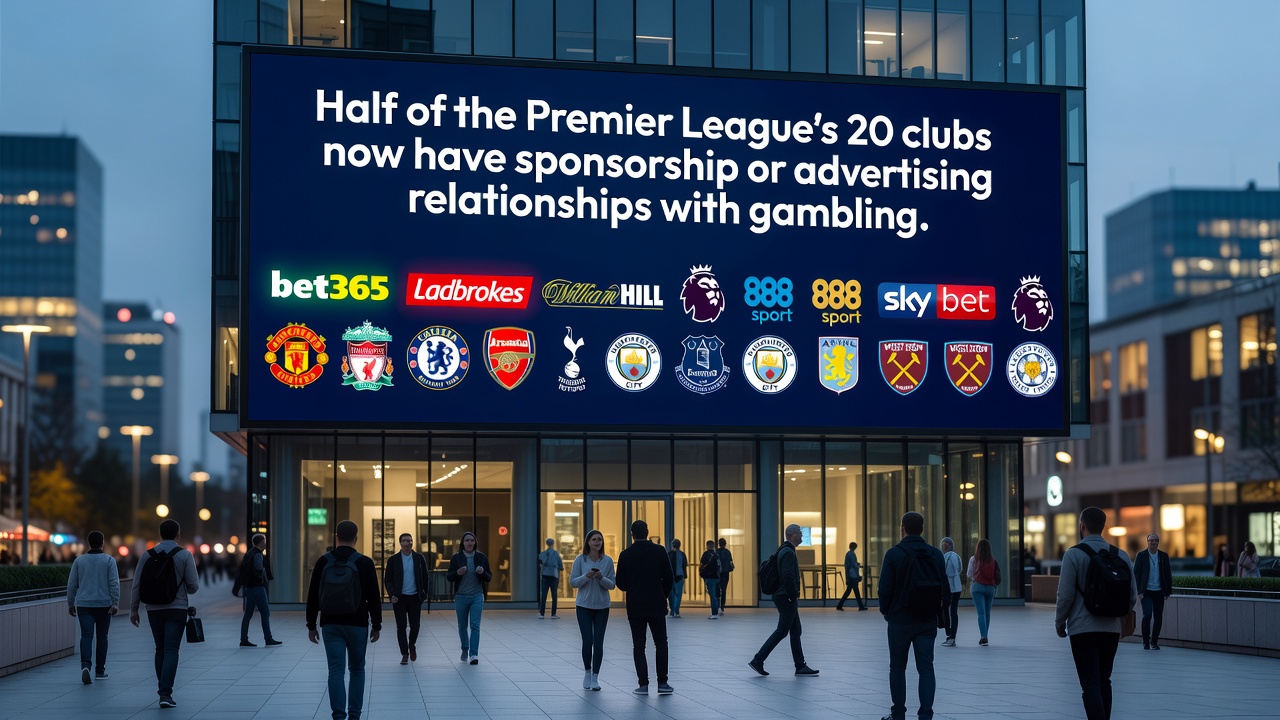 Close-up of a football kit sleeve displaying a gambling sponsor logo during a Premier League game