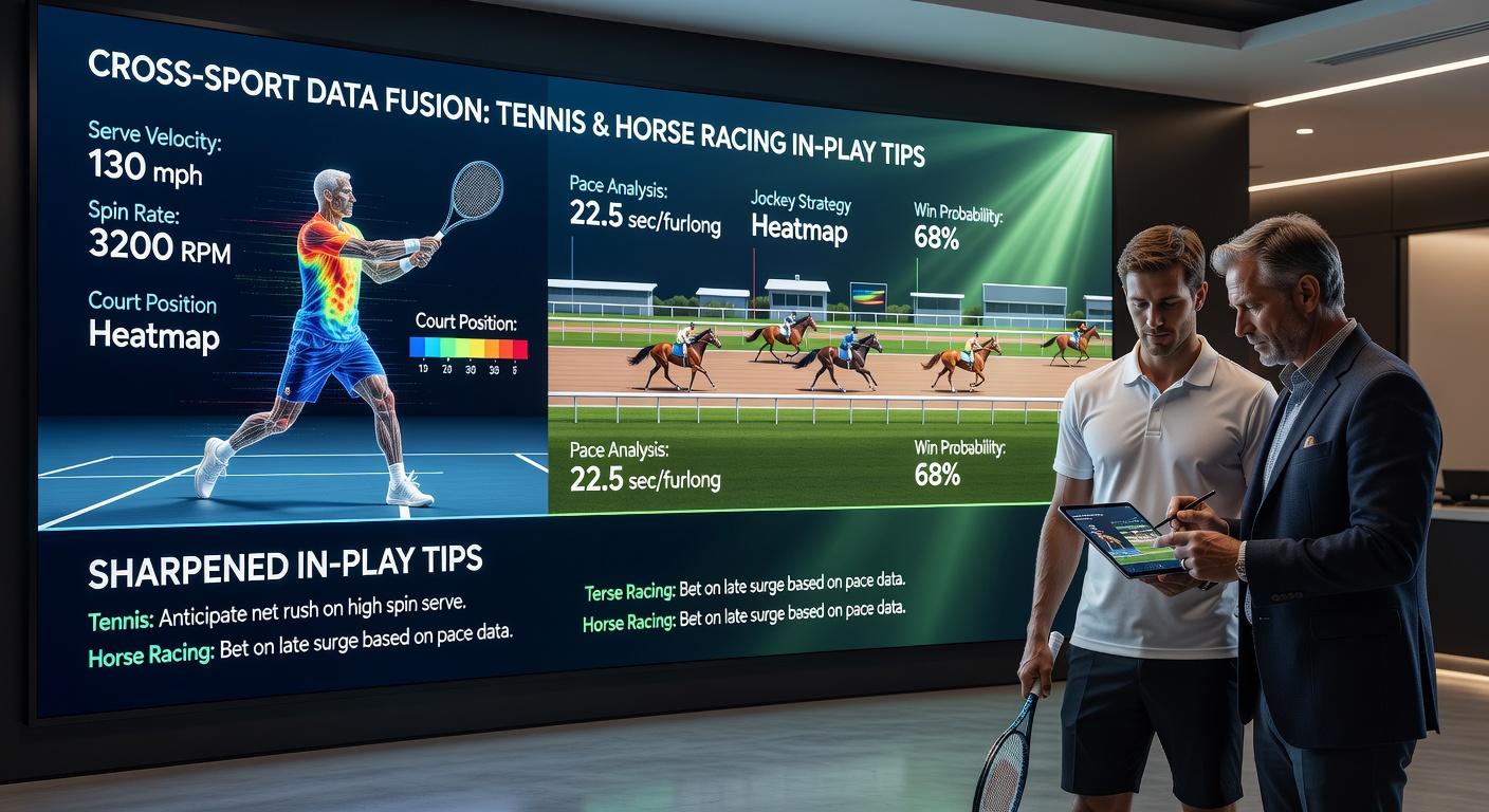 Split screen display merging live tennis match statistics with horse racing sectional timing data for comparative analysis