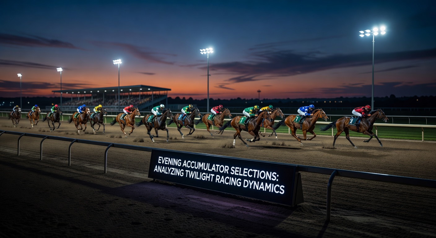 Close-up of a thoroughbred race at dusk showing track lighting and horses in full stride