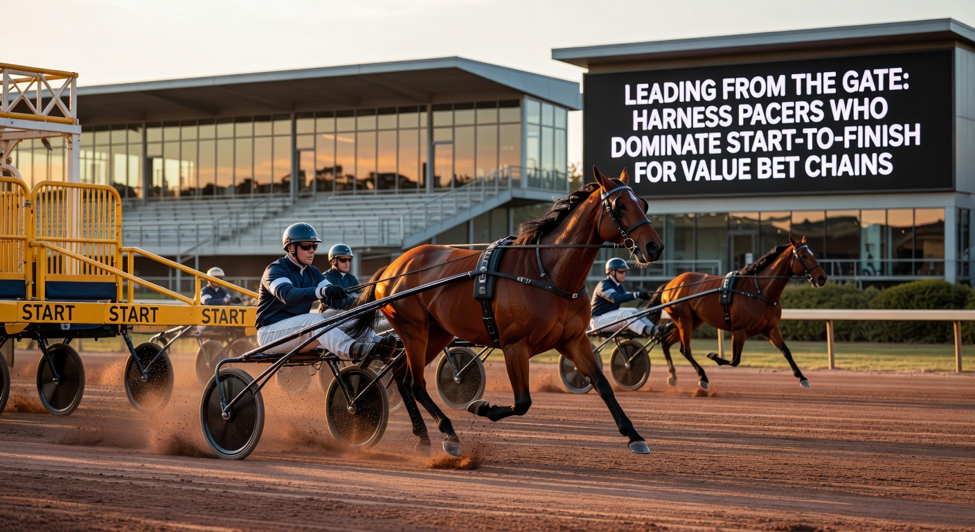 A dominant pacer pulling away wire-to-wire down the stretch, crowd in the background, highlighting unchallenged leads