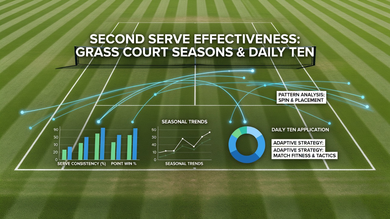 Detailed view of tennis court markings and serve patterns on grass with statistical overlays