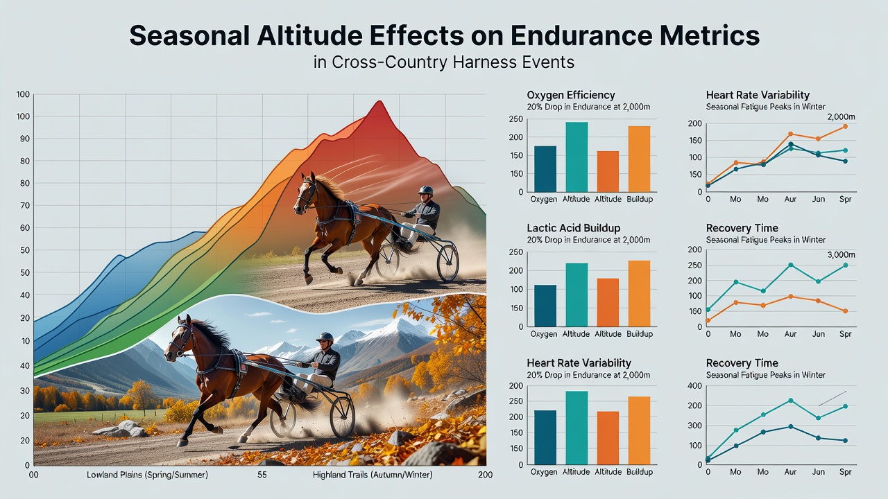 Harness horse undergoing endurance assessment at high altitude during summer conditions