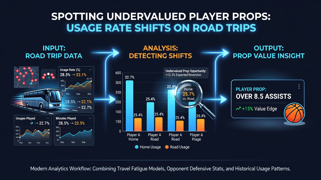 Basketball analytics dashboard showing usage rate trends and player prop comparisons during away games