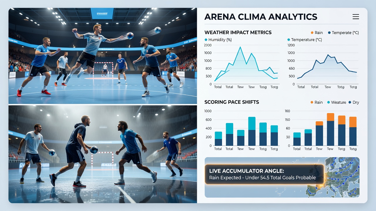 Live data dashboard showing arena temperature and humidity metrics during European handball matches