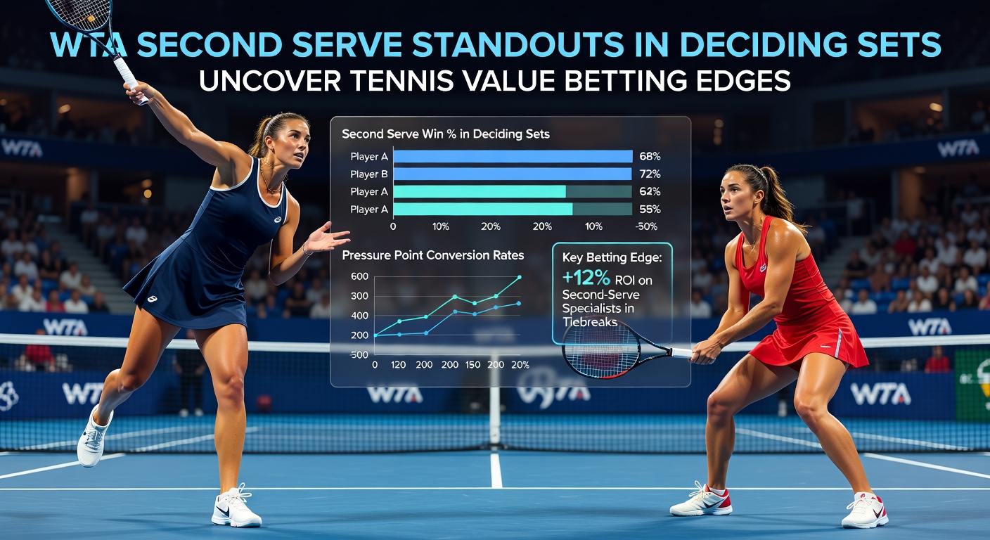 Close-up of WTA second serve action in a tense deciding set tiebreak, racket slicing through air